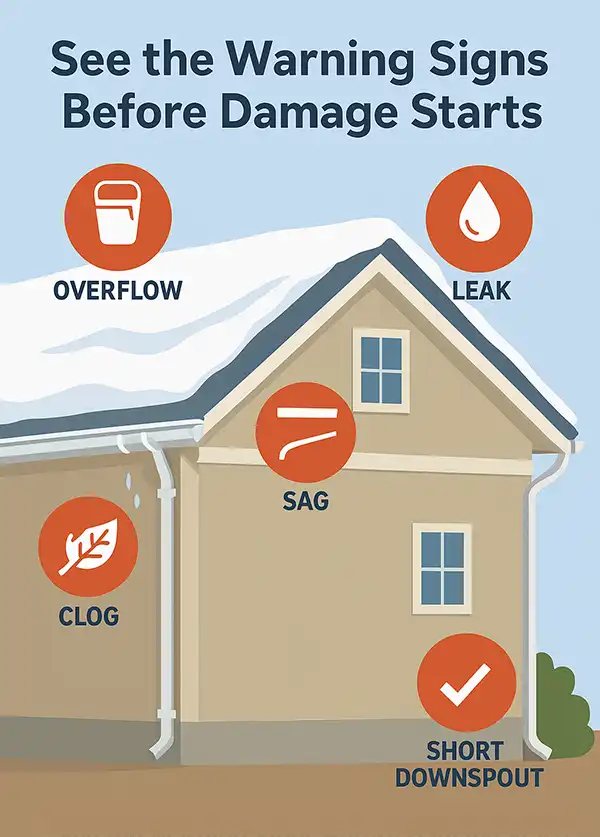 Diagram showing common gutter issues like overflow, sagging, and leaks.
