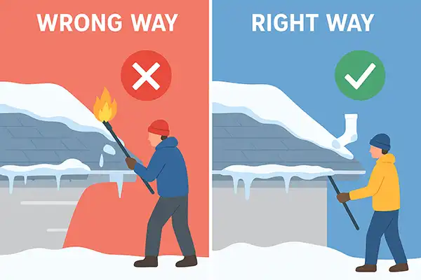 Comparison of unsafe vs. safe roof de-icing methods.