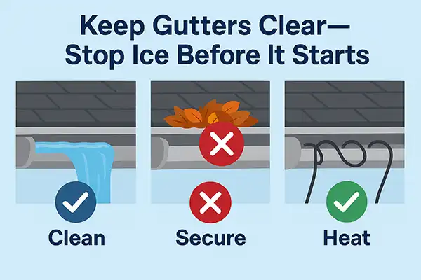 Three safe roof de-icing methods—calcium chloride socks, roof rake, and heating cables.