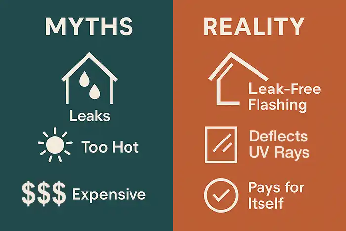Side-by-side image correcting common skylight misconceptions.