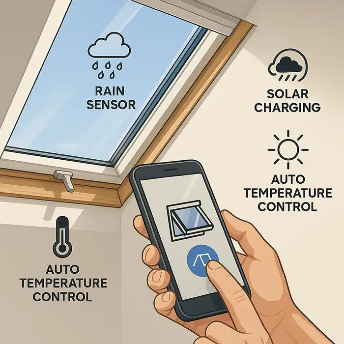 Image showing modern smart skylight controlled via mobile app with automation features.