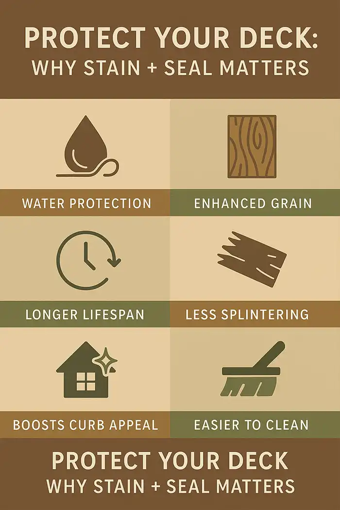 Infographic showing benefits of staining and sealing a wood deck, including protection and aesthetics.