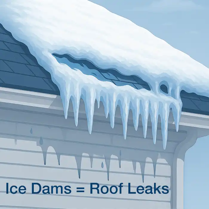 Ice dams forming on roof edges due to poor attic ventilation.