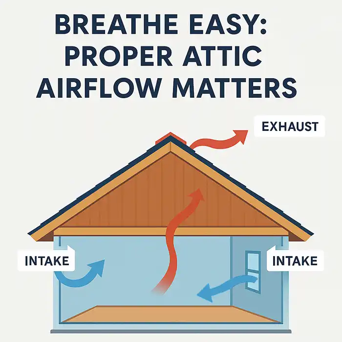 Illustration of proper attic ventilation with intake and exhaust at ridge vents