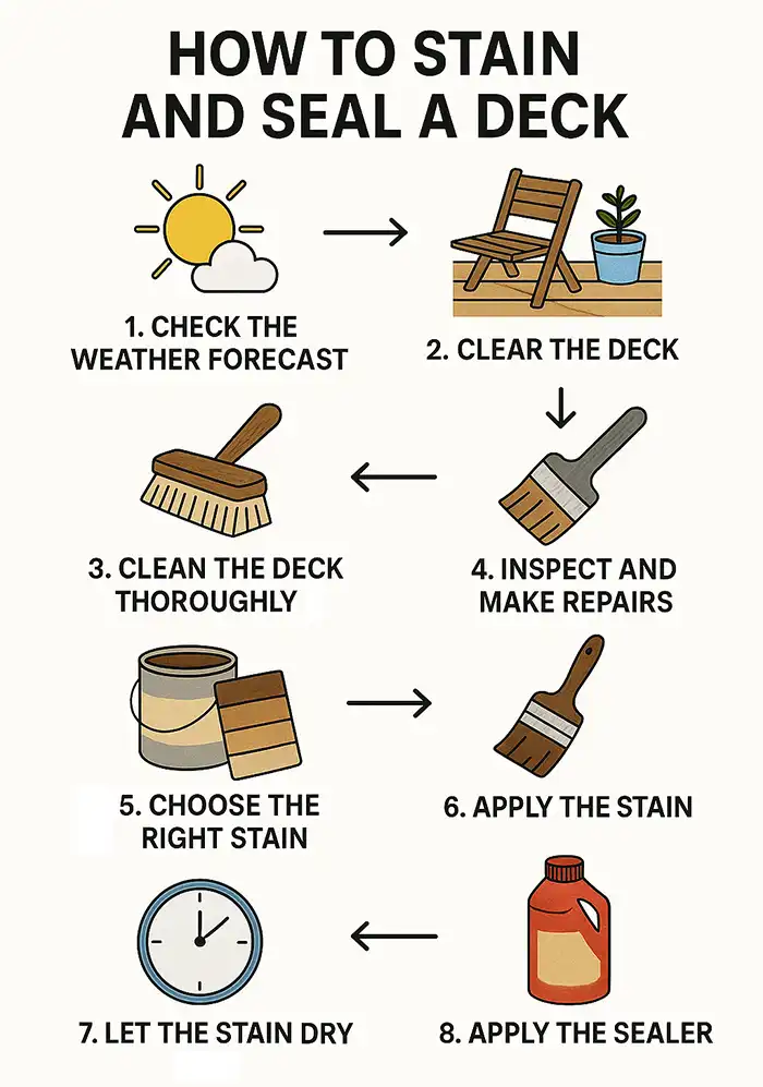 Infographic showing the deck staining and sealing process from prep to cure