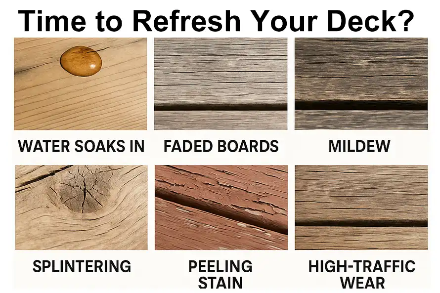 Grid showing common signs that a deck needs staining/sealing