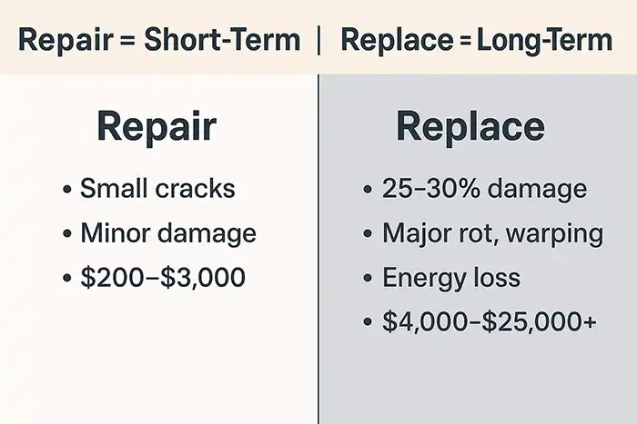 Chart showing differences between repairing siding vs replacing siding.