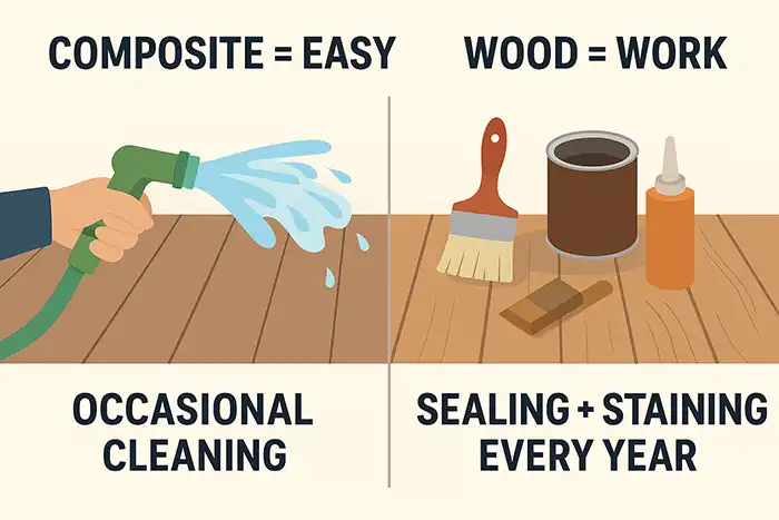 Comparison of composite decking needing only cleaning versus wood requiring staining and sealing.