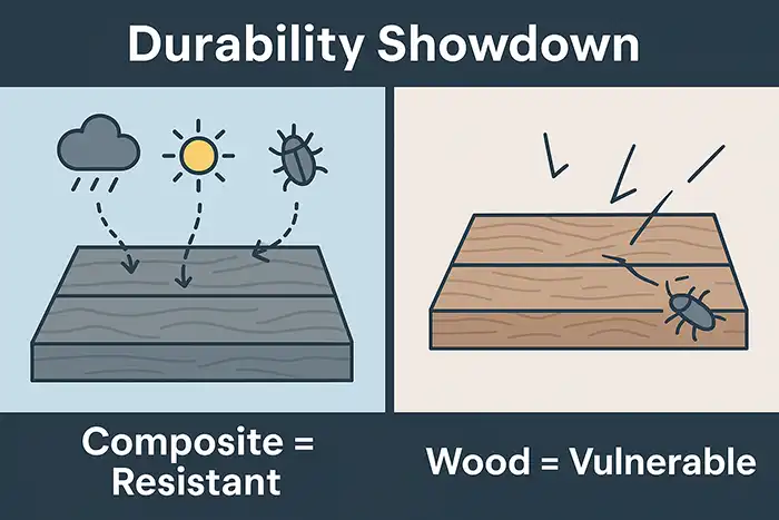 Visual comparison of composite decking durability versus wood vulnerabilities.