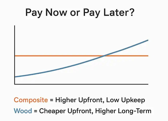 Line graph comparing composite vs. wood decking costs over time.
