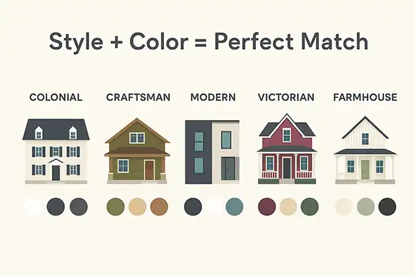Infographic of house styles and matching siding color palettes