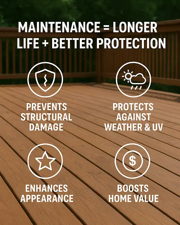 Infographic illustrating key benefits of regular wooden deck maintenance.