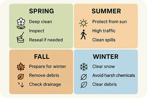 Four-season wooden deck maintenance checklist in quadrant layout.