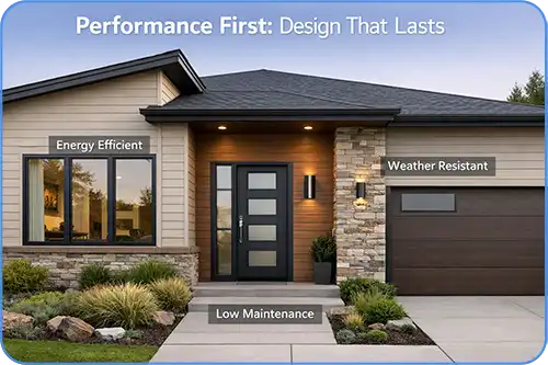 Modern home exterior highlighting energy-efficient windows, doors, and durable siding