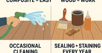 Comparison of composite decking needing only cleaning versus wood requiring staining and sealing.